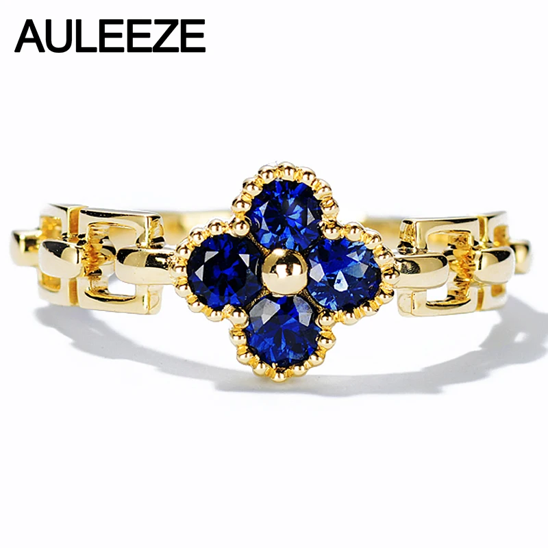 

AULEEZE 0.5cttw Natural Sapphire Anniversary Rings For Women Real 18K Yellow Gold Four Leaf Clover Ring Fine Jewelry Best Gift