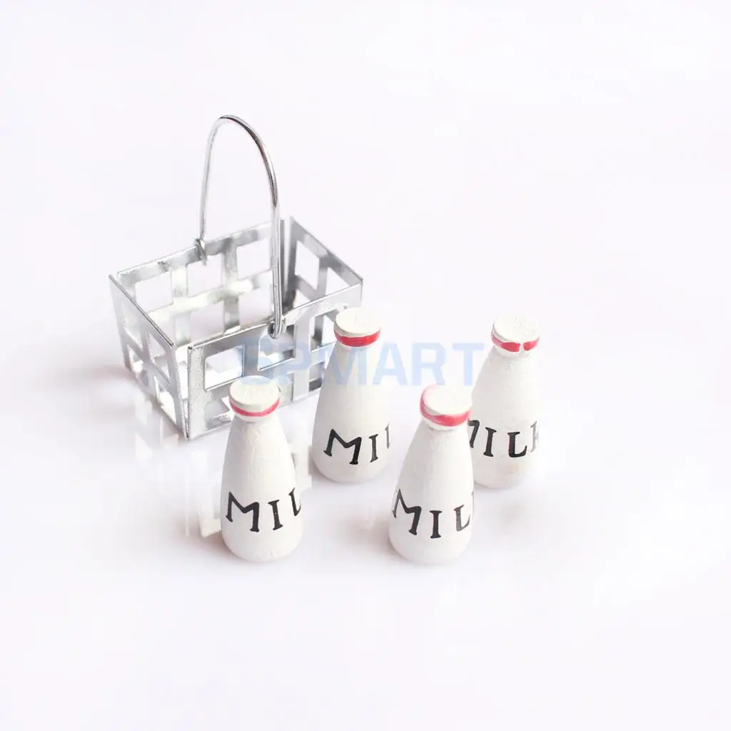 

1/12 Dollhouse Furniture Miniature Metal Milk Basket with 4pcs Wood Bottles Set Dolls House Kitchen Porch Accs Decor