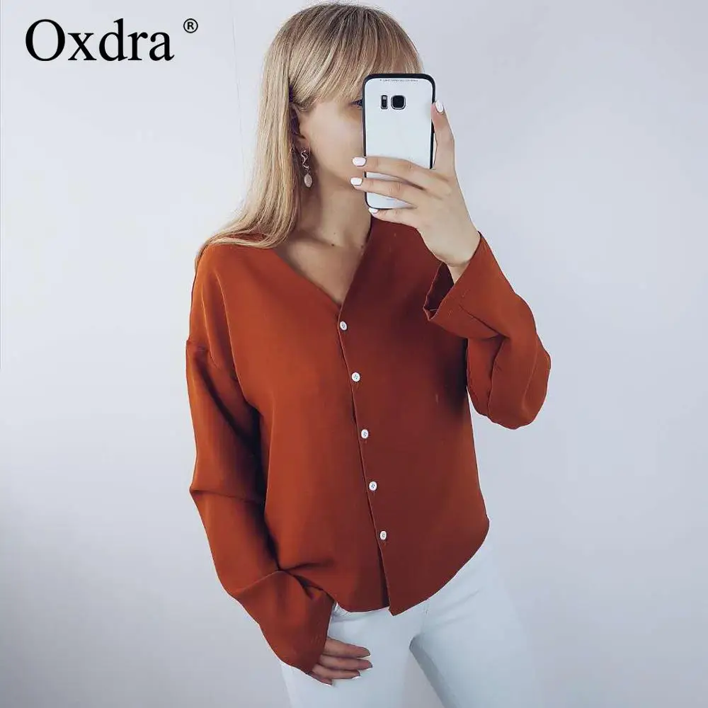 

Oxdra Spring Tops 2019 Pure Color V-Neck Blouse Elegant Loose Long Sleeve Blouses Hot Casual Womens Clothing