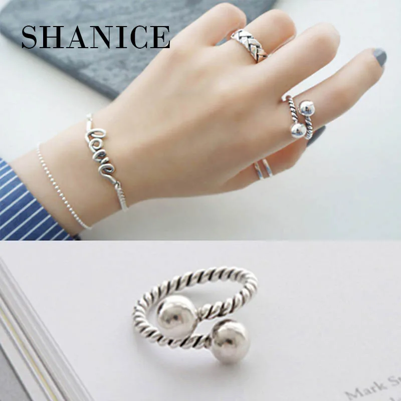 

SHANICE Vintage 925 Sterling Silver Ring Opening Twist With Double Bead Korea Style Vintage Jewelry Bijoux Femme Punk Party