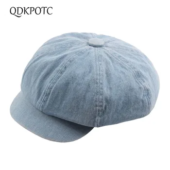 

QDKPOTC 2018 Fashion High Quality Berets Men Women Spring Autumn Winte Denimr Hats Ladies Octagonal Cap Lovers Newsboy Caps