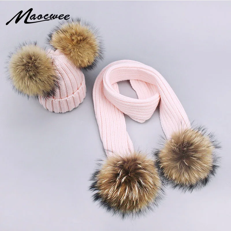 

Girl Pompon Hats and Scarves Sets Winter Knitted Warm Nature Fur Pom Pom Hat Scarf Thick Beanies Hats Caps Kids Baby Solid Bones