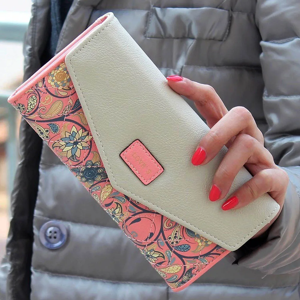 New Fashion Envelope Women Wallet Hit Color 3 Fold Flowers Printing PU Leather Wallet Long Ladies Clutch Coin Purse Best Sale-W