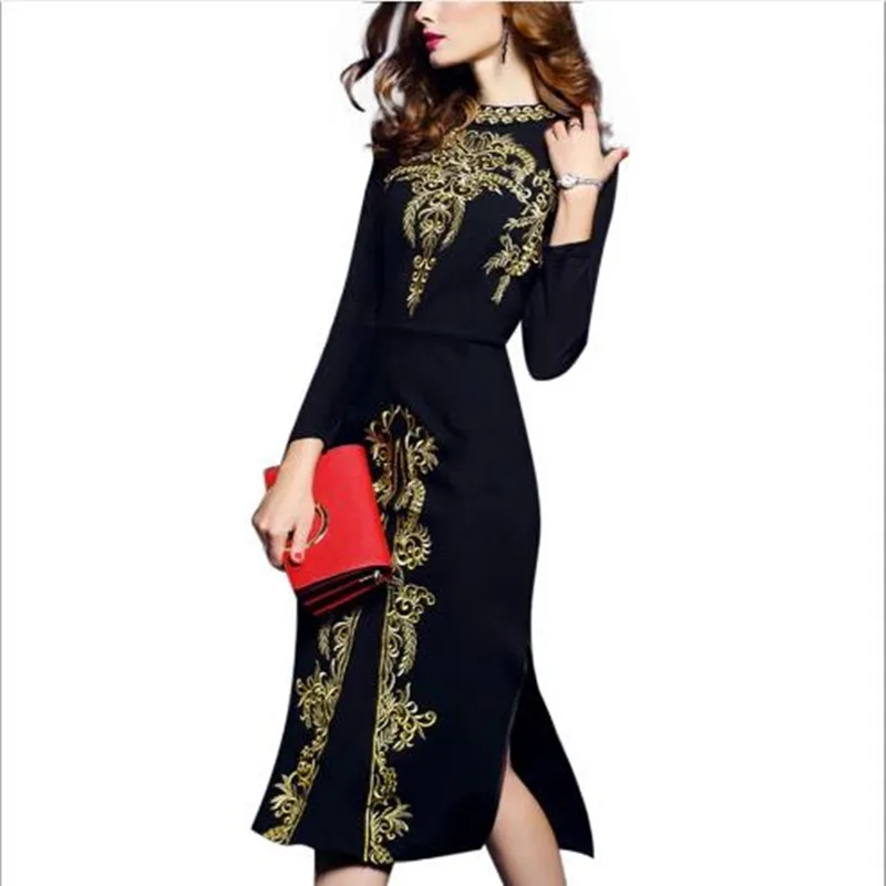 Женское черное платье размера плюс, осень, подиум, золотая вышивка, длинный рукав, стрейч, элегантное, с разрезом, платье для вечеринки, vestidos QV176