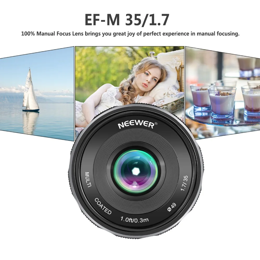 Объектив Neewer 35 мм F/1,7 с большой апертурой APS-C с ручной фокусировкой для Canon EF-M беззеркальных камер EOS M M2 M3 M5 M6 с креплением на EOS-M