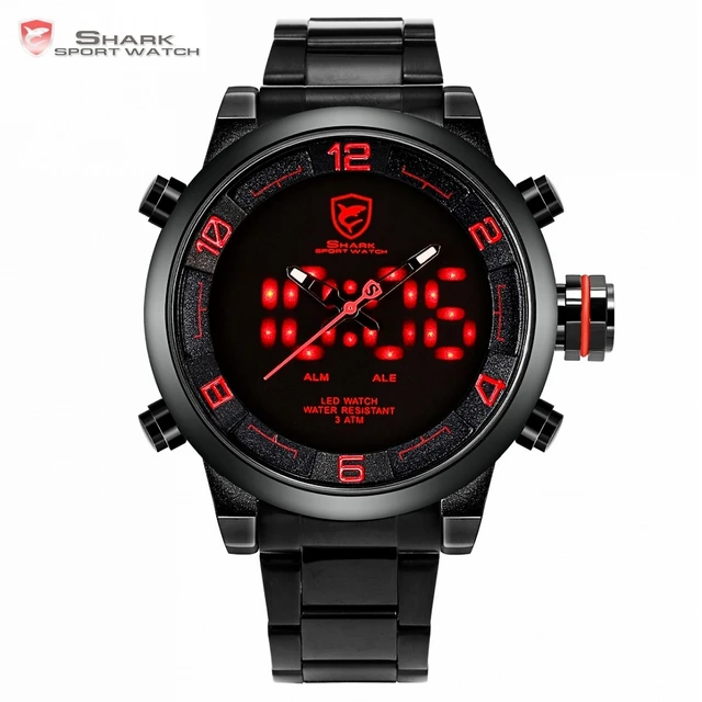 Gulper Shark Sport Watch Red Black Digital Steel Band Dual Movement LED