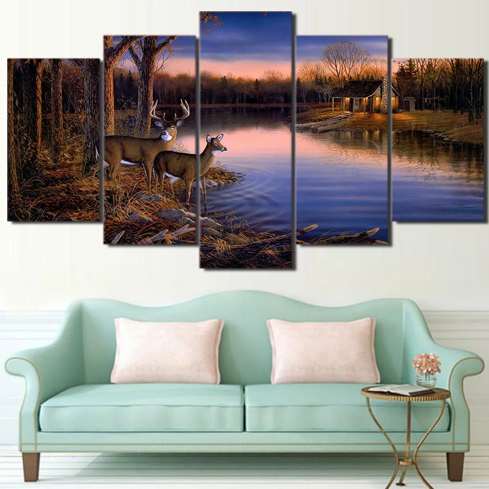 

Wall Art Poster Modern Home Decor Living Room 5 Pieces Animal Deer Lake Sunset Nature Landscape Canvas Modular Pictures Frame