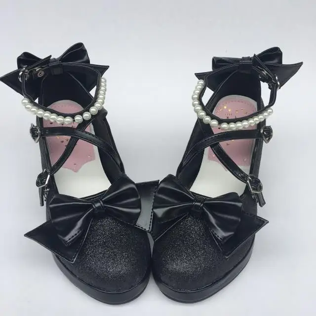 Womens-Shiny-Black-Silver-Sequin-Pumps-Bow-Strap-Cross-Pearl-Ankle-Strap-Princess-Lolita-Shoes-Custom-Tailor-Available- 12