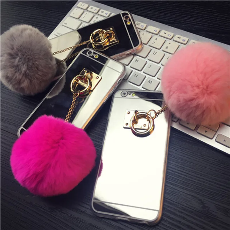 

Siliver Mirror Metal Rope TPU Tassel Rope Rabbit Fur Ball Case For Samsung Galaxy S7 / S7 Edge Back Cover Case