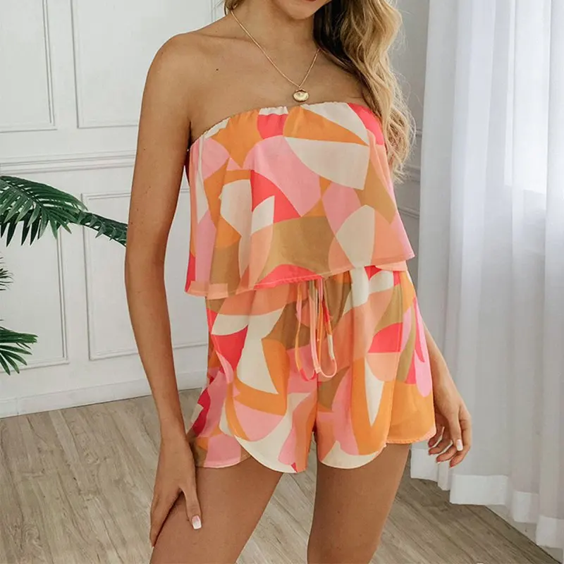 

Summer Sexy Backless Slash Neck Playsuits Women Beach Casual Sleeveless Party Short Jumpsuit Rompers Womens Print Playsuit