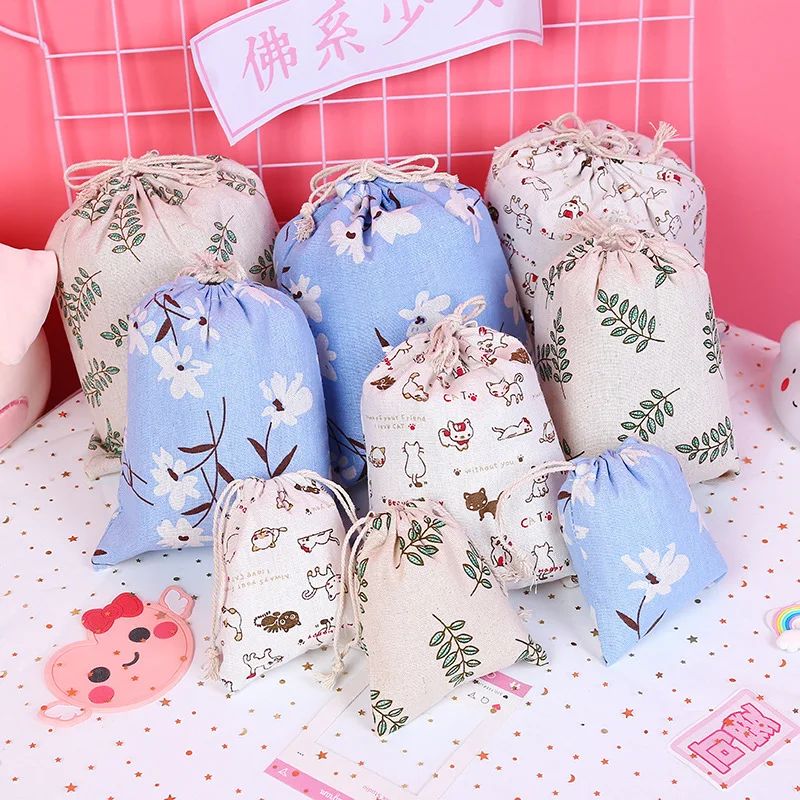 

Cartoon Linen Cotton Drawstring Bag 28x26 23x18 15x12cm Mini Lovely Cat Women Pouch Travel Home Storage Jewelry Gift Package Bag
