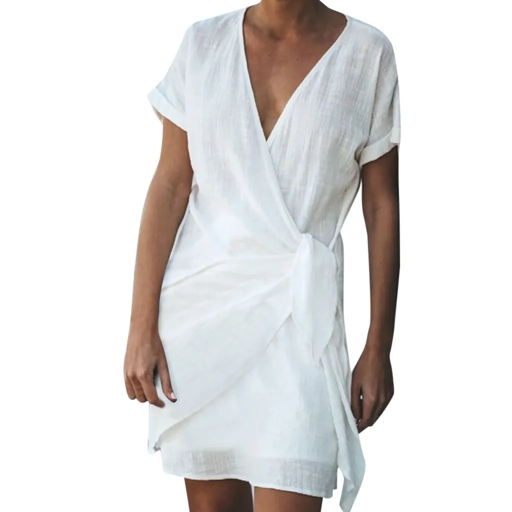 

JAYCOSIN New Solid Color Irregular Sashes A-Line Dress V-Neck Empire Waist Above Knee Dress Spring Summer Casual Women Dresses