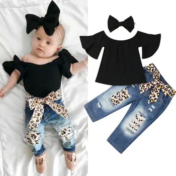 

1-6T Girls Clothes Set Black Raglan Sleeve Shirt For Girls Leopard Print Long Jeans Baby Baby Headbands Girls Kids Sets Clothing