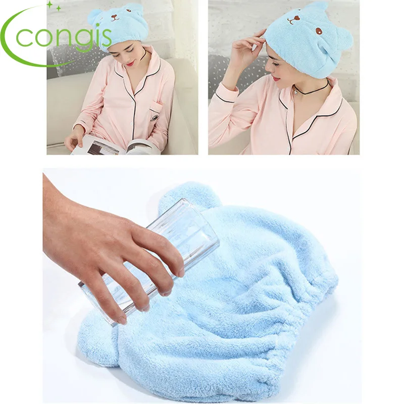 

Congis Cartoon Bear Shower Cap For Hair Wrapped Towels Microfiber Shower Hats Bath Caps Superfine Hair Cap