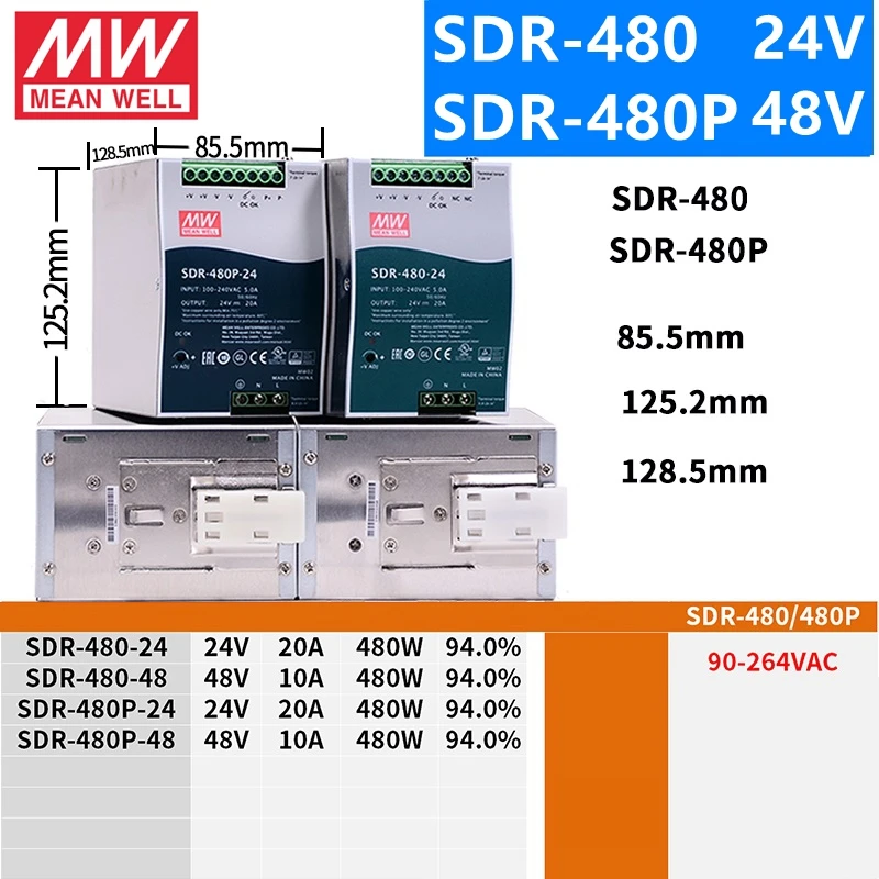 Бренд MEAN WELL представляет SDR-75 120 240 480 12V 24V 48 V meanwell SDR-480-480 P-960 12 24 48 V PFC один Выход промышленные на din-рейку