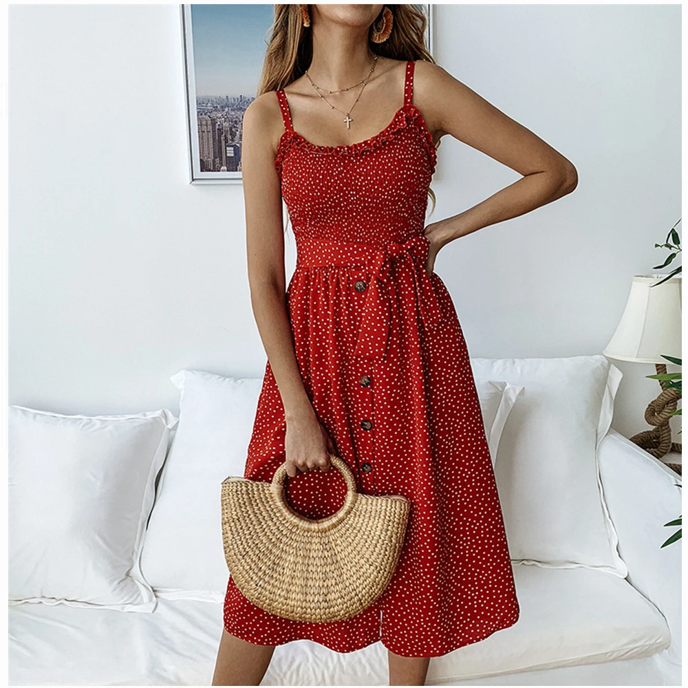 

Summer women's dressBow A-Line Dress Women Button Backless Beach Dresses Polka Dot Print Sundress Strapless Women's dress