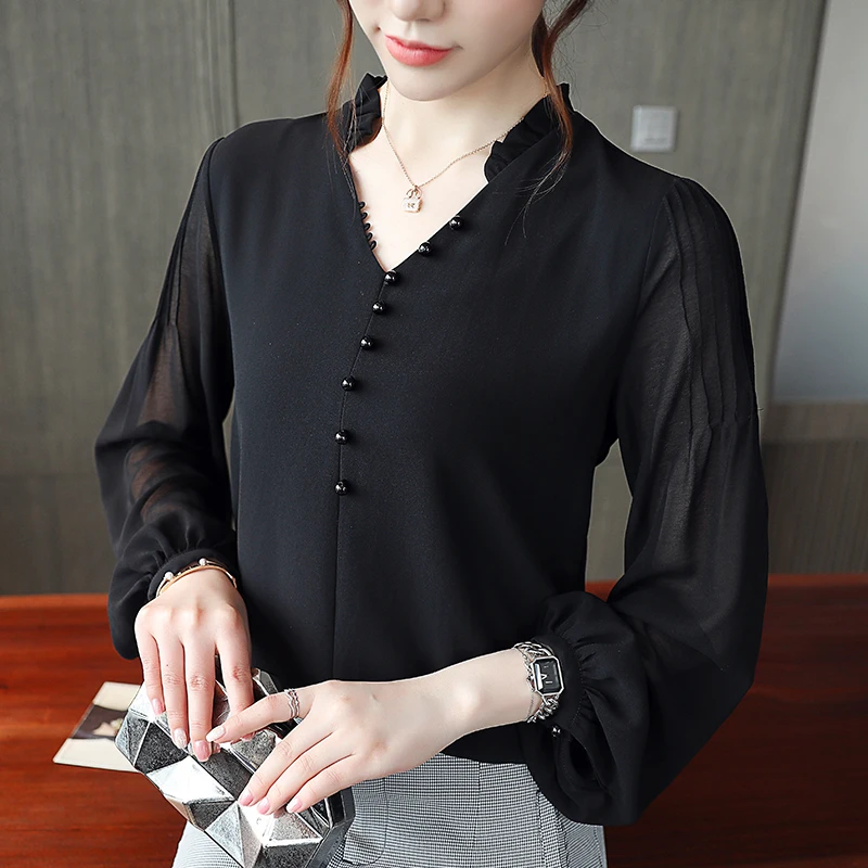 

Black Blouse Women Autumn Chiffon Shirt V-neck Ruffles Buttons Lantern Long Sleeve Tops Loose blusas femininas T97894