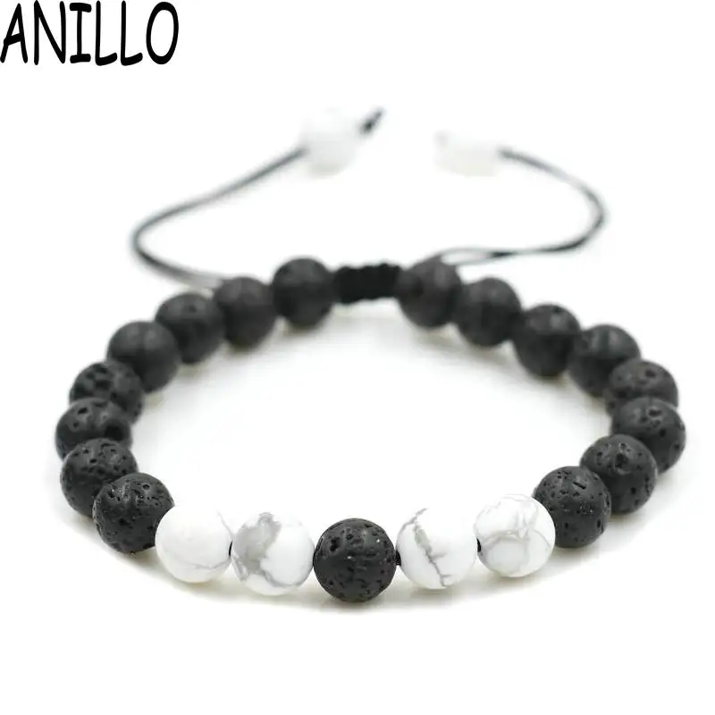 

ANIILO Men Lava Charm Bracelets Couples Distance White Black 8 MM Natural Stones Beads For Women lovers' Adjustable Jewelry