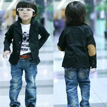 Fashion Boys’ Blazers with Patch, Kids’ Casual Suits, Spring Autumn Children’s Cotton Jackets, Black Color Ourterwear Coats