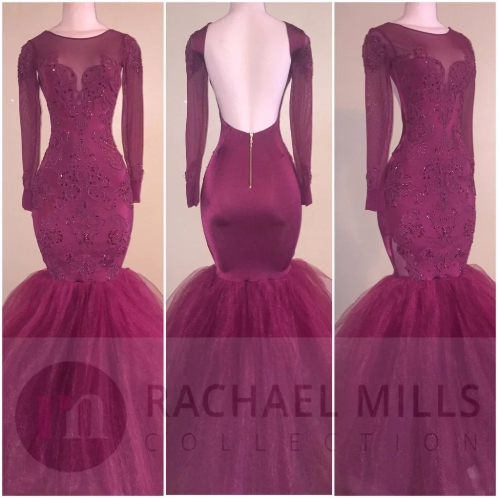 

Burgundy Backless Mermaid Evening Dresses 2021 African Long Sleeve Formal Dress vestidos de fiesta de noche Sheer Prom Gowns