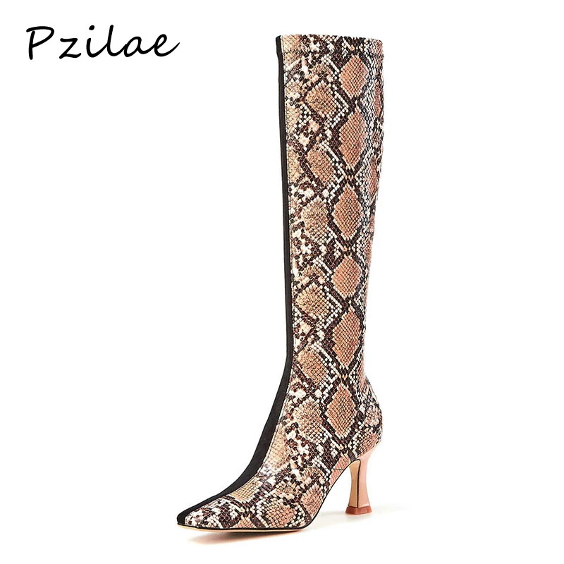 

Pzilae knee high shoes woman boots snakeskin mixed colors sexy high heels boots women square toe long boots warm winter shoes