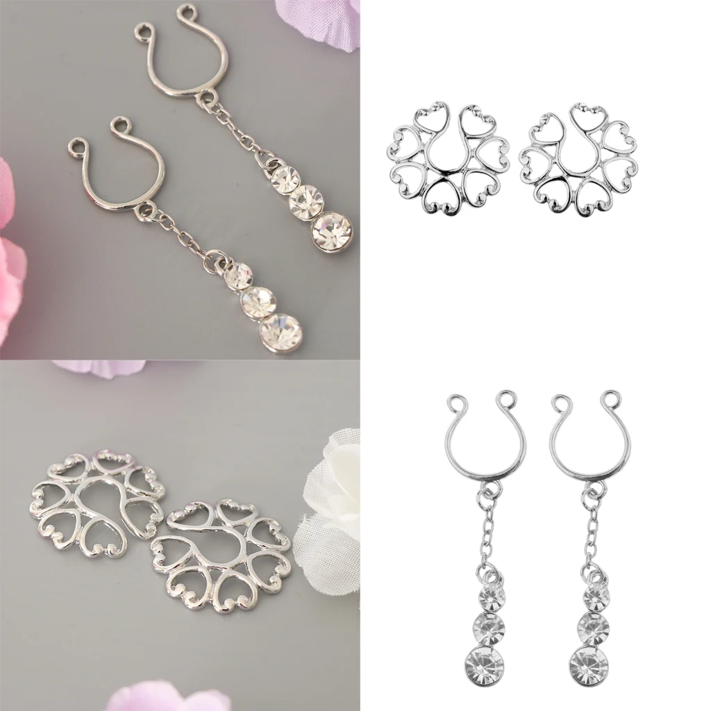 MagiDeal 4Pcs Crystal Stainless Ring Non-piercing Fake Nipple Ring Clip On Adjustable Body Jewelry