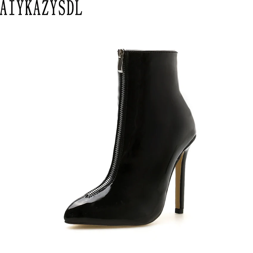 

AIYKAZYSDL 2019 Sexy Spring Autumn PVC Vinyl Boots Fetish Clubwear Shoes Glossy Faux Patent Leather Bootie Zipper High Heels