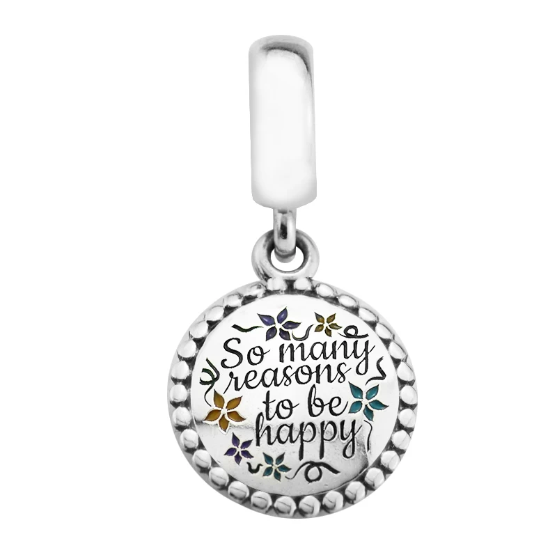 

Print Many Reason to Happy Dangle with Mixed Flower 925 Sterling Silver DIY Bead Fit Bracelet Charm& Necklace for Jewelry Gift