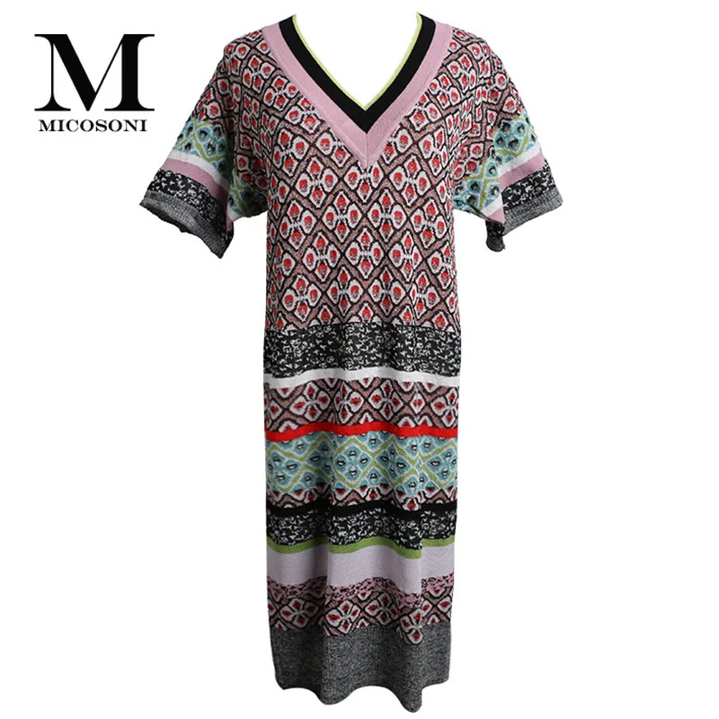 

Retro 2019 Summer New Women's Sleeve Short Sleeve Bright Silk Gold Thread Jacquard Embroidery A-line Loose Knitted Dresses S-L