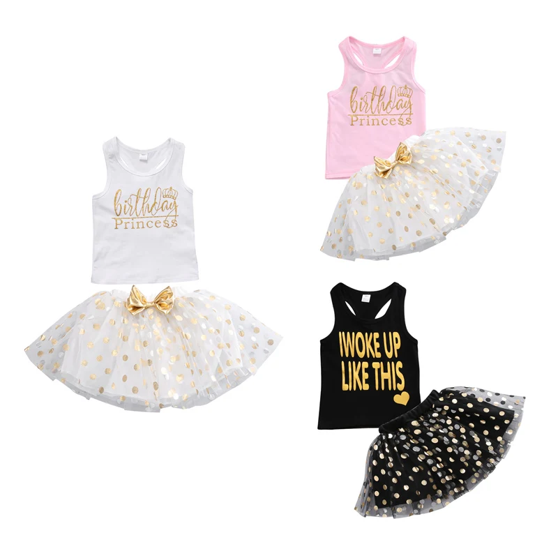 

2PCS Summer Baby Girls Clothes Sets Fashion Sleeveless Pullover Letter Print Shirt Top Bow Sequins Tulle Tutu Princess Skirt