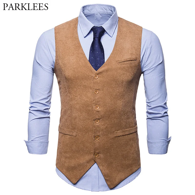 Vintage Khaki Vest Men Corduroy Mens Waistcoat 2018 Casual Slim Fit