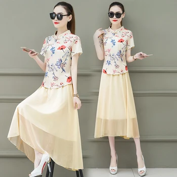 

women skirt two piece clothing set suit new summer improved qipao outfit top skirts Chinese fashion vintage clothes vesitdos