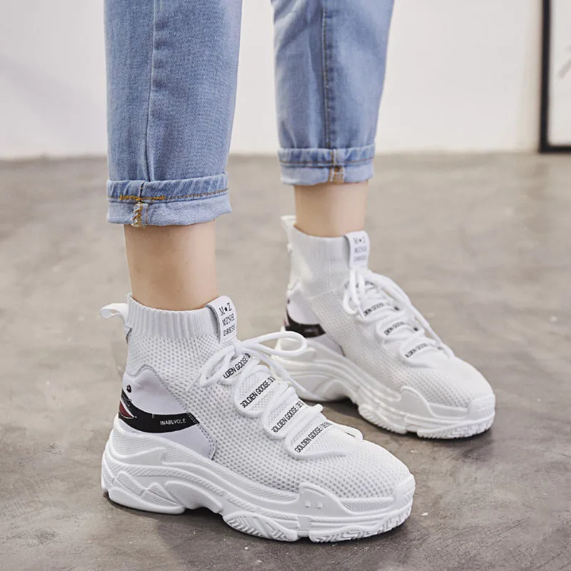 

2018 Women Flats Shoes Sock Shoes Platform White Dad Sneakers Lace Up Shoes Female Round Toe Ladie Plus Size