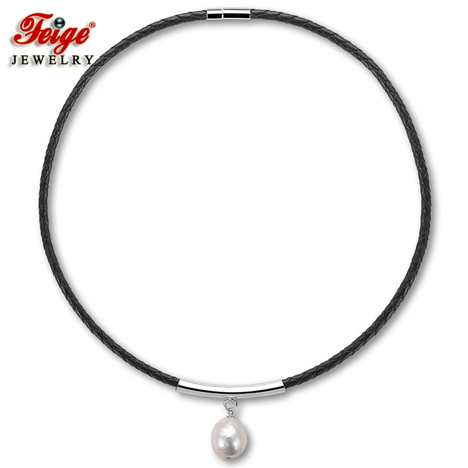 

FEIGE Black Leather Rope Choker Pendant Necklace 13-14MM Baroque White Freshwater Pearl Necklace Trendy Necklace Lady Best Gift