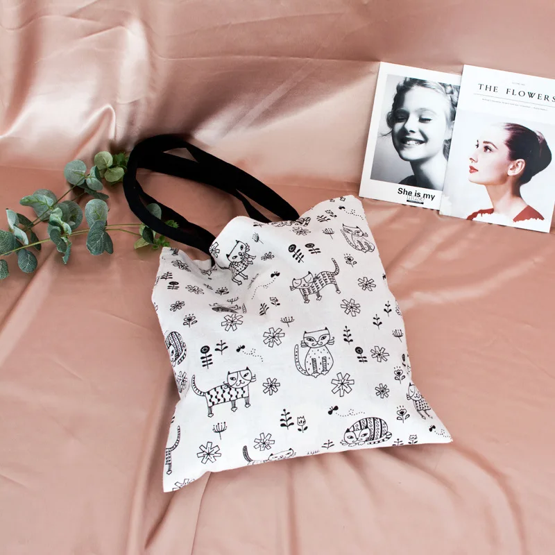 

YILE Cotton Linen Eco Shopping Casual Tote Shoulder Bag Black Cat Flower Black Strap No Lining 312