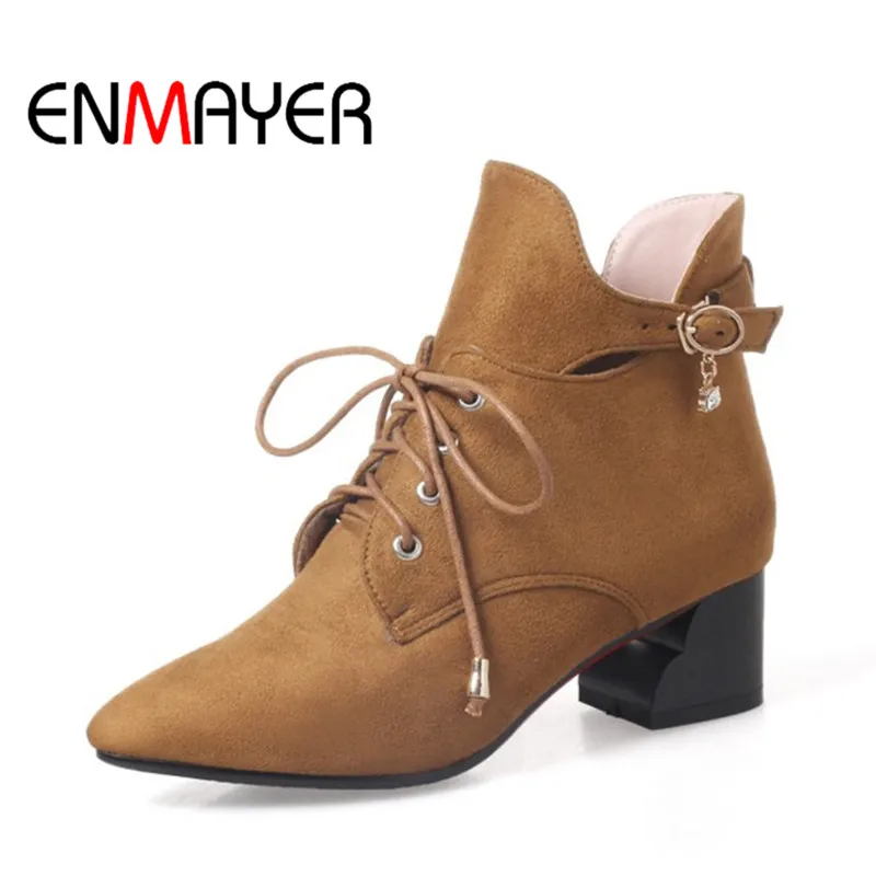 

ENMAYER Autumn/Spring Ankle Women Shoes Lace-up Flock Boots Black Wine red Color Pointed Toe High Heel Casual Dating Shoes Women