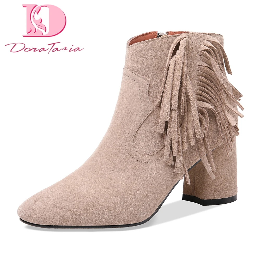 

Doratasia new Cow Suede New Fashion Women Shoes Woman western Boots Fringes Square high Heels Ankle Boots Woman Shoes