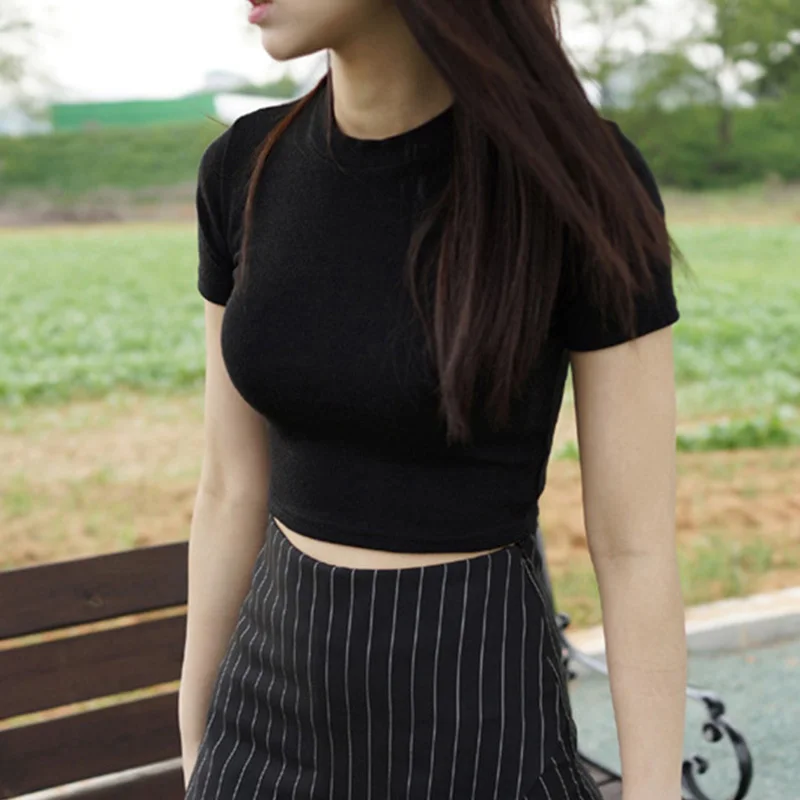 

2019 Short Paragraph Hot Women Summer T-shirts Short Sleeves Round Neck Slim Fit Casual Pullover Crop Tops HD88