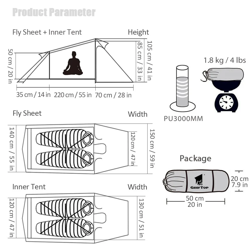 GeerTop тоннель палатка два человека три сезона большой Сверхлегкий легко установить открытый кемпинг палатки водонепроницаемый ветрозащитный поход туристический