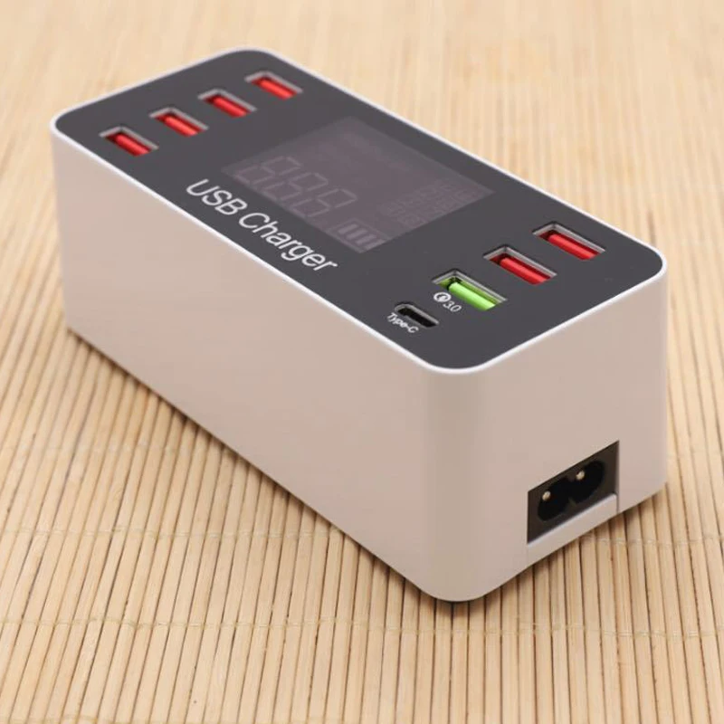 40W Type-C QC3.0 Smart USB Charger with LCD Display with 8 Power Ports for Mobile Phone and Tablets
