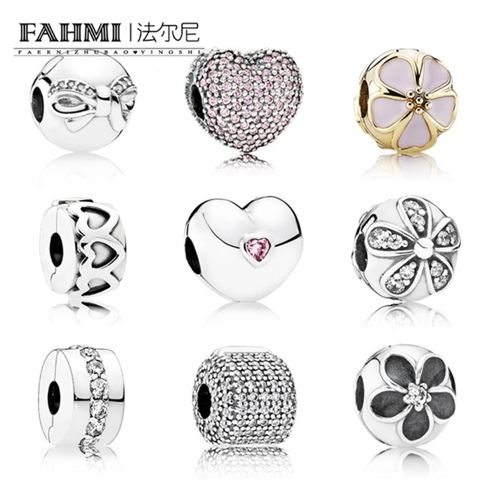 

FAHMI 100% 925 Sterling Silver Safety clip crystal heart-shaped charm Beads Collocation Bracelet DIY Suitable Sending Woman Gift