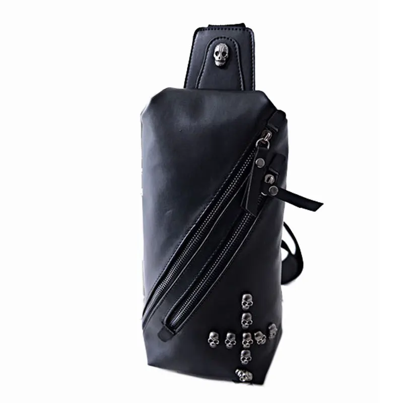 

Skull Rivet decoration men shoulder bag  PU Leather chest bag pack waterproof  plaid crossbody bag X15006