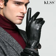 Klss Brand Genuine Leather Men Gloves Warm Velvet Winter High Quality Goatskin Glove Black Business Casual Gentleman 05