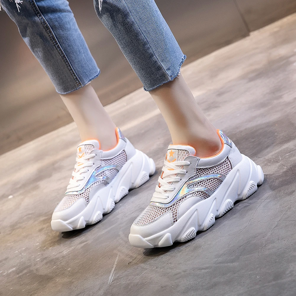 

2019 Luxury Genuine Cow Leather Sneakers Women Flat Platform Breatable Walking Sneakers Girls Summer Sneakers Female