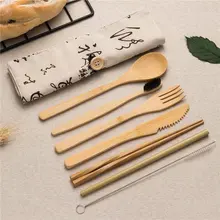 Бамбуковая посуда для путешествий, бамбуковые столовые приборы, набор посуды, многоразовые вилки, ложки, наборы ножей, соломенная щетка для чистки, 6 стилей, сумка на выбор