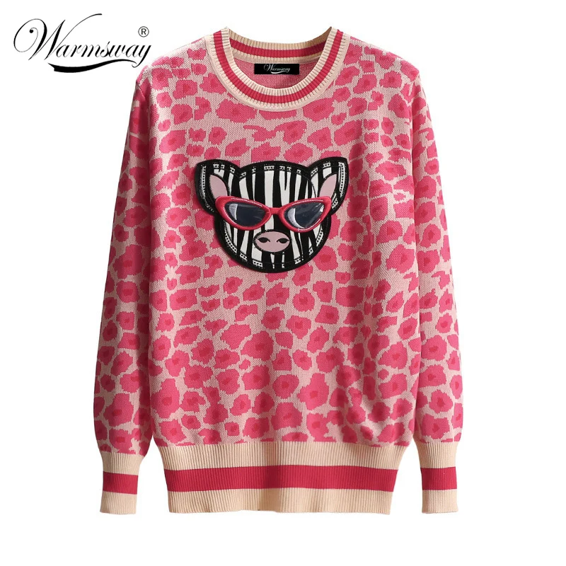 Women New vintage sweaters Pink Leopard pullovers Cartoon Pig embroidery Spring Winter knitted loose tops blusas C-445
