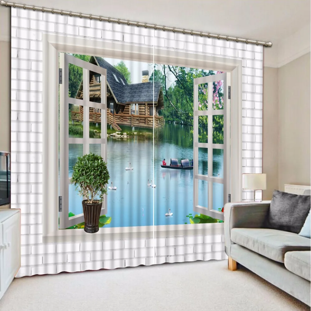 3D Curtain Fashion Customized Boat Scenery Outside The Window Curtains