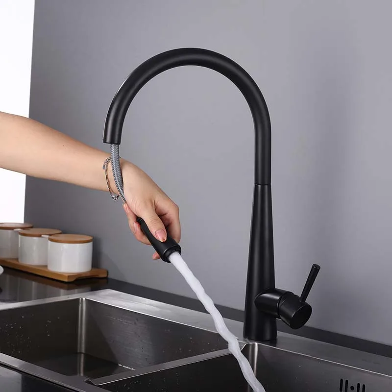  Brass Black Kitchen Faucet High Arch Kitchen Sink Faucet Pull Out Rotation Spray Mixer 2-Function W - 32907826371