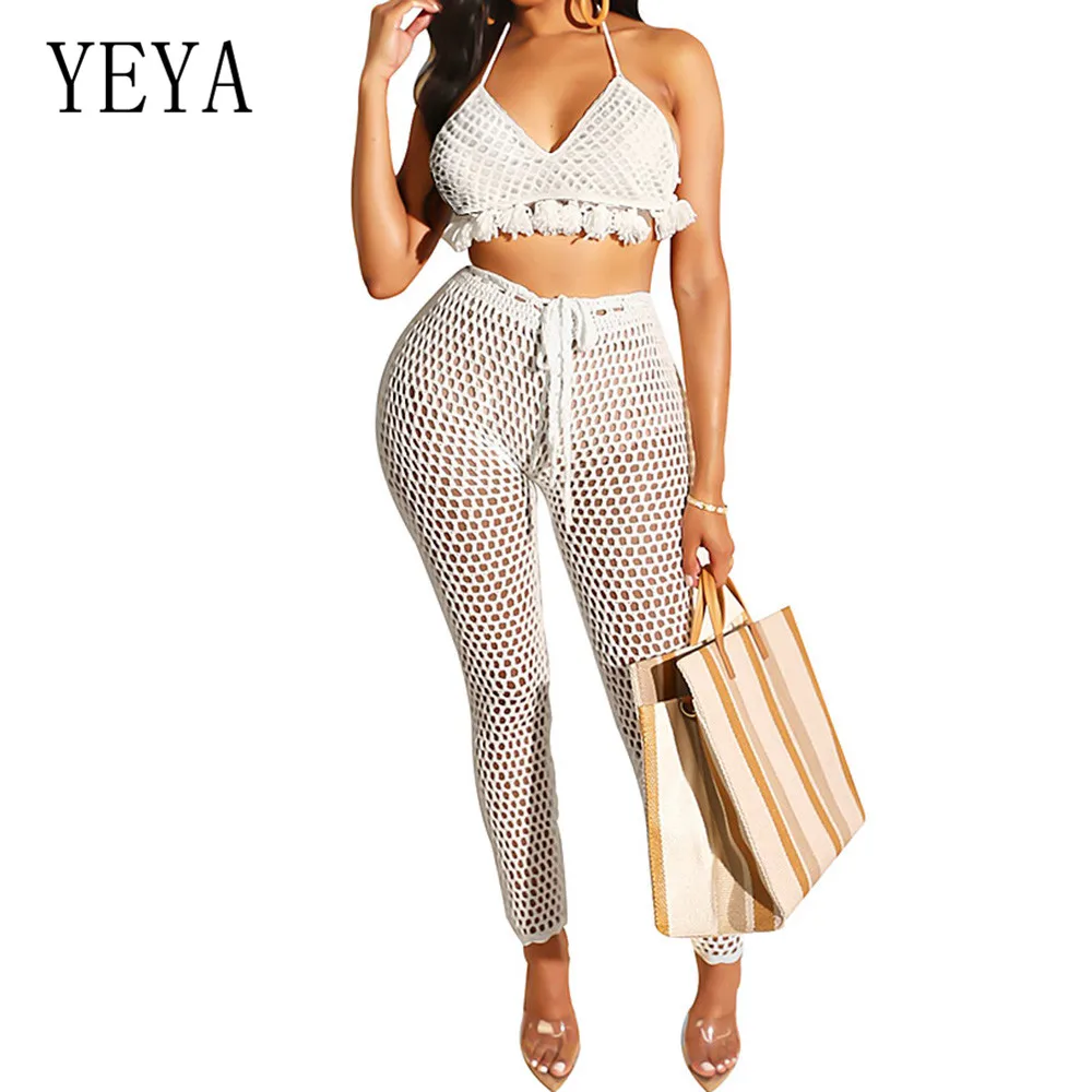 YEYA Summer Two Pieces Sets Tassel Strap Playsuits Elegant Hollow Out Grid See Through Jumpsuits Sexy Open Back Beach Overalls