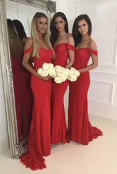 Красный v-образный вырез с коротким рукавом Русалка с открытыми плечами платья подружки невесты длинные свадебные вечерние платья Robe demoiselle